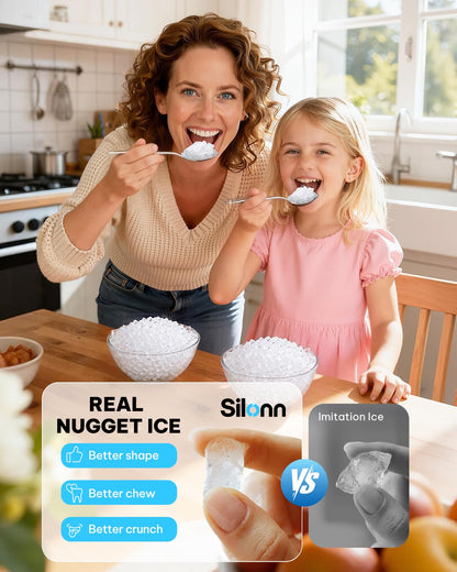 Silonn Nugget Ice Maker Countertop with 3L Detachable Tank – 40 lbs/Day Self-Cleaning & Timer, 40 dB Quiet for Home Bar Party Office, Chewable Nugget Ice Machine for Summer & Cold Drinks