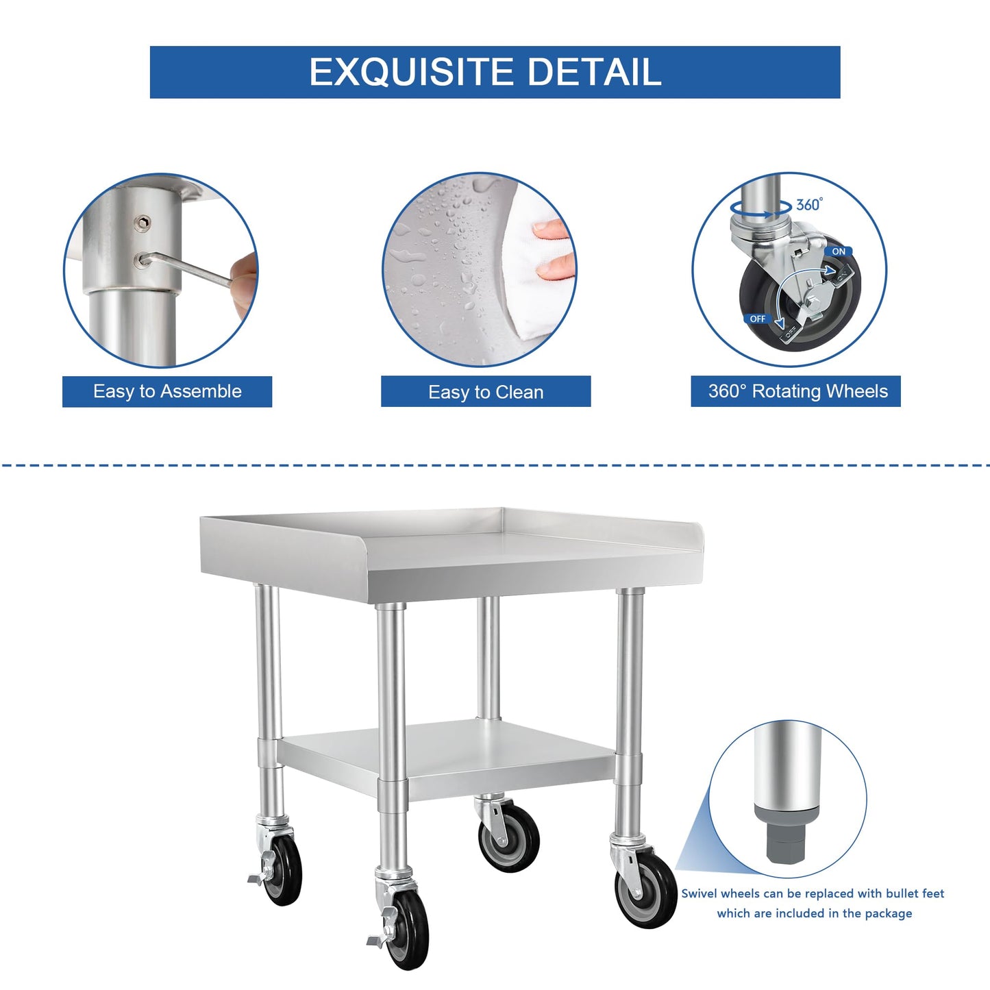 HARDURA Stainless Steel Equipment Work Stand 24" x 24" Prep Table with Under Shelf and Caster for Commercial & Workplace, Home, Hotel, Garage