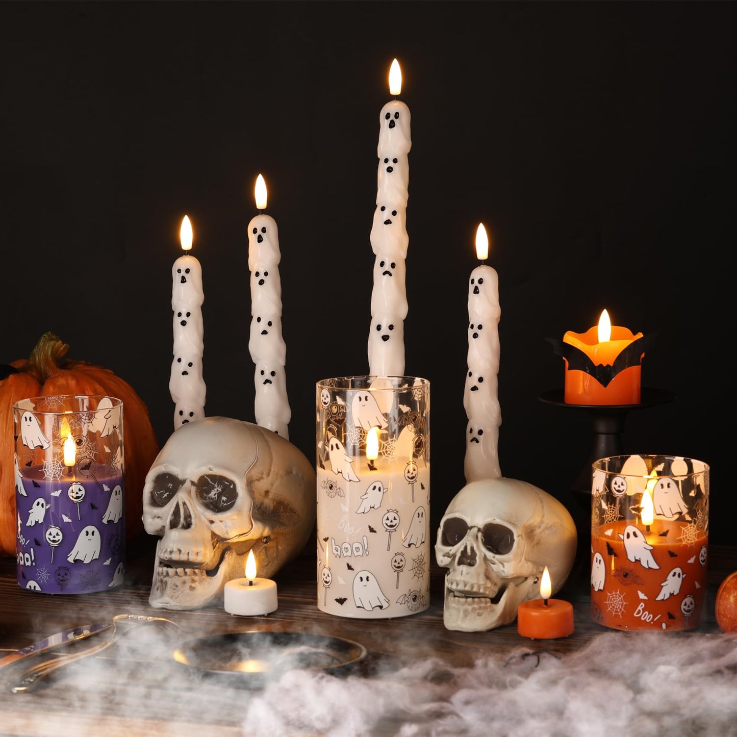 Girimax White Ghost Halloween Flameless Taper Candles with Remote, Spooky LED Wax Candlesticks Battery Operated Flickering, Set of 4