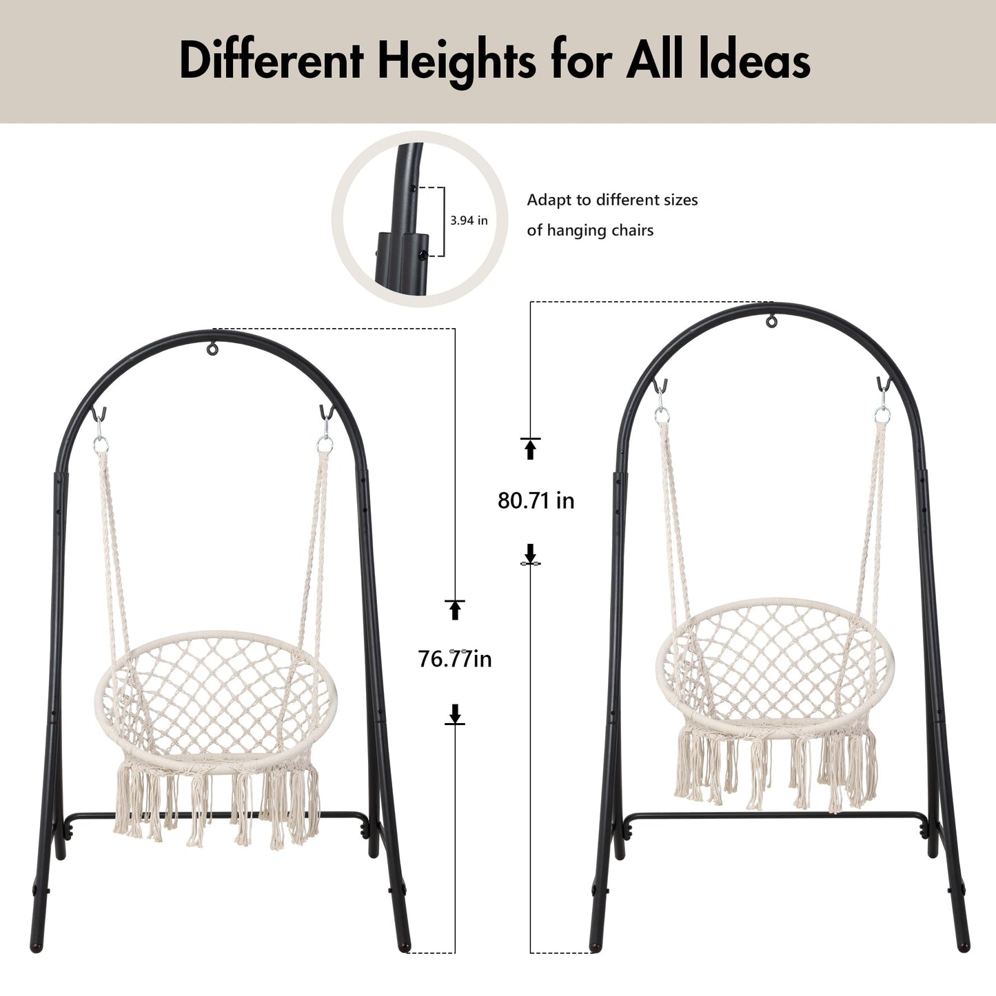 ANOW Adjustable Hammock Chair Swing Stand Only, Heavy Duty Hanging Chair Stand with Safety Hooks for Indoors Outdoors, Max 400 Lbs, Plus Size Version, Black