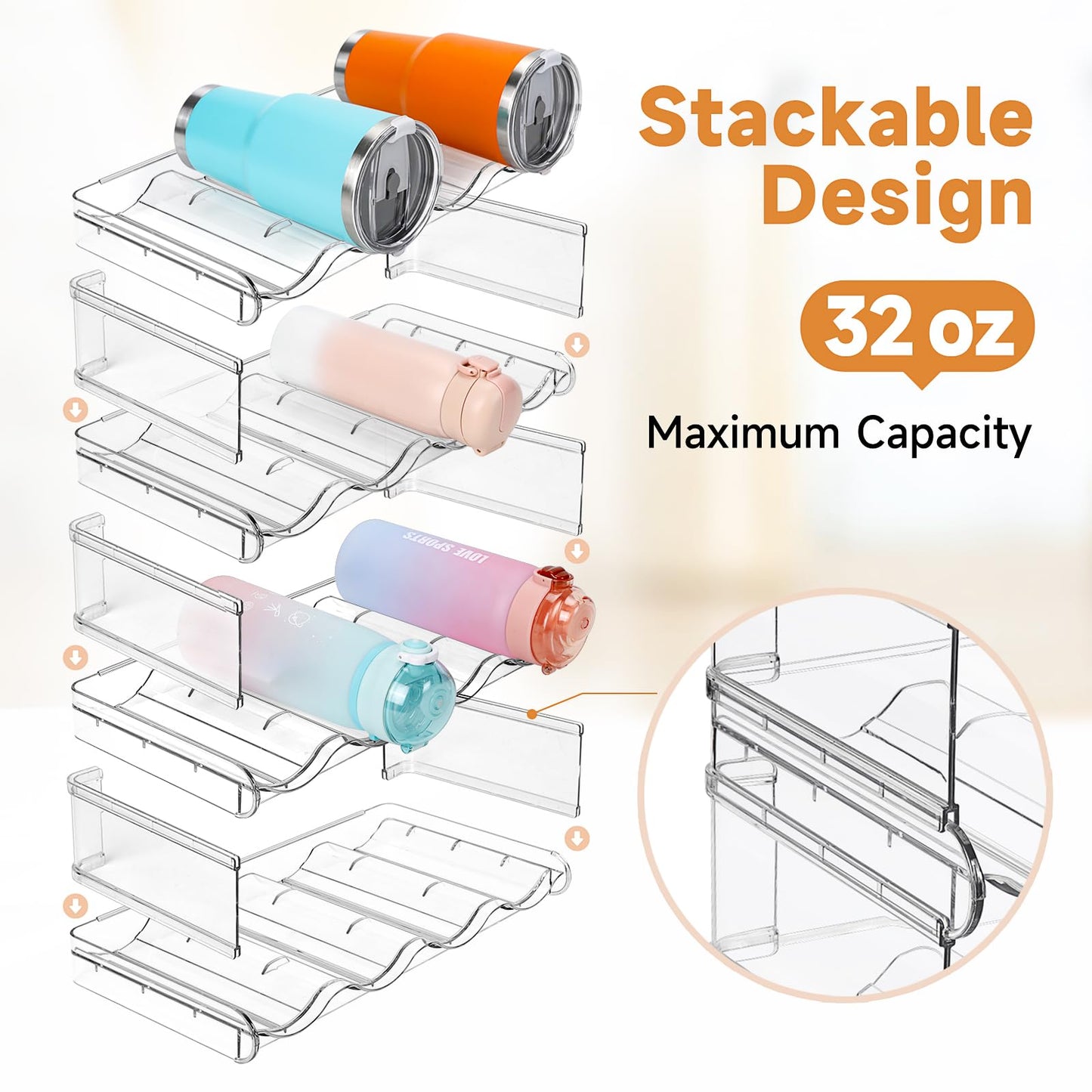 Stackable Water Bottle Organizer, Large Compartment Water Bottle Holder, 4 Tier Clear Water Bottle Organizer for Cabinet, Bottle Rack for Kitchen Organization and Storage - Hold 16 Bottles