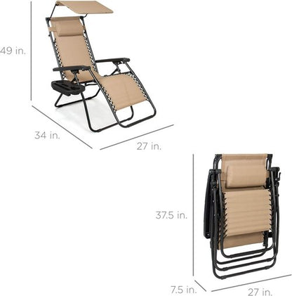 Best Choice Products Folding Zero Gravity Recliner Chair - Adjustable Canopy Shade, Headrest & Accessory Tray - Beige