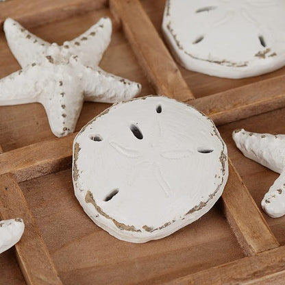 NIKKY HOME Beach Tic Tac Toe for Fun Starfish Sand Dollar Coastal House Coffee Table Decor Wood Board Travel Game 8.97 by 8.97-in Distressed White