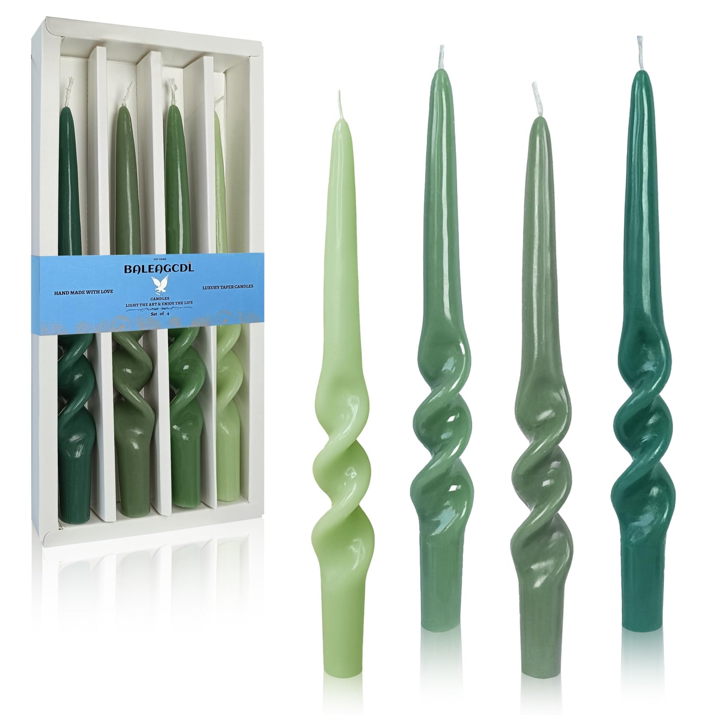 Unscented Gradient Green Candle Sticks ZECHKAVAA Handmade Long Spiral Candles 9.5inch Long Candlesticks Smokeless Candles Elegant Design for Home Décor Weddings Festive Seasons Holiday