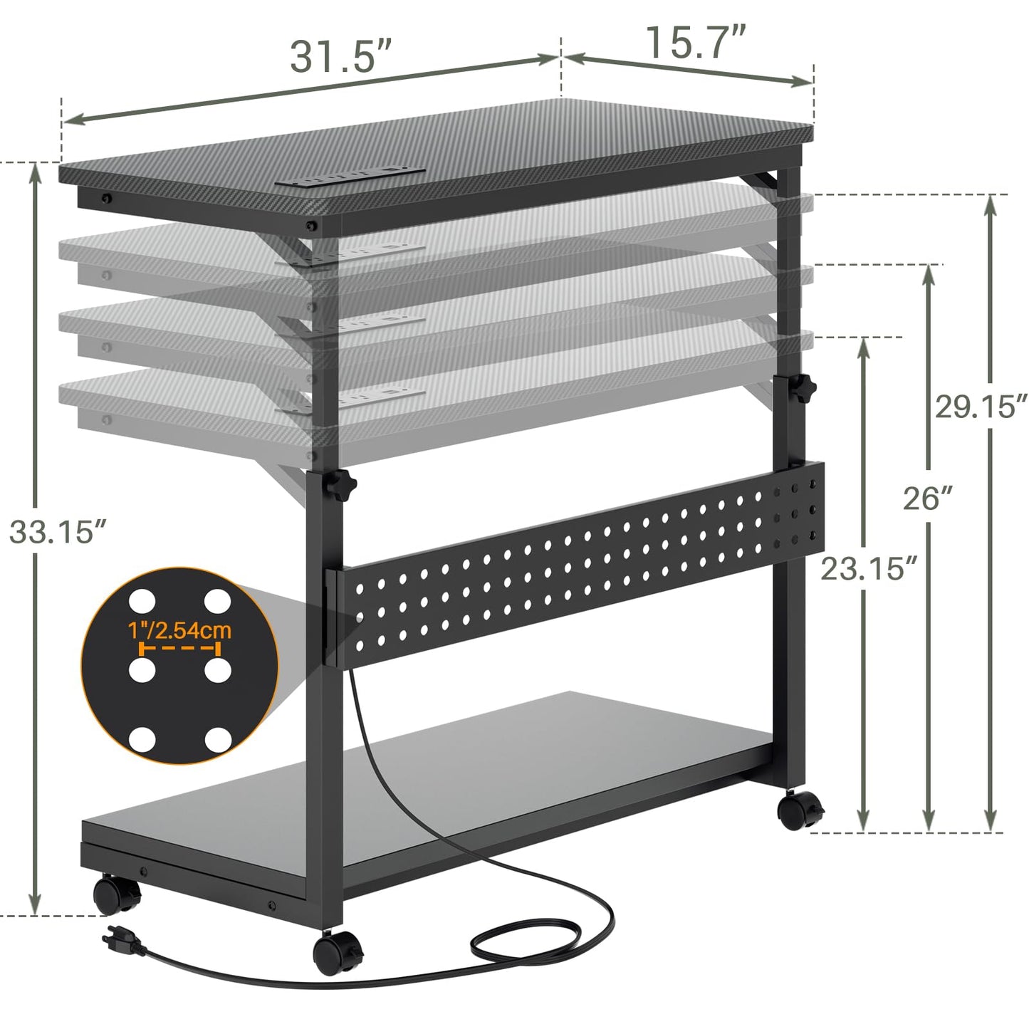 Besiost 32" Large Computer Tower Stand with Power Strips, 4 Levels Manual Height Adjustable PC Tower Stand for Under Desk, Mobile Rolling CPU Holder Computer Cart with Wheels, Carbon Fiber Black