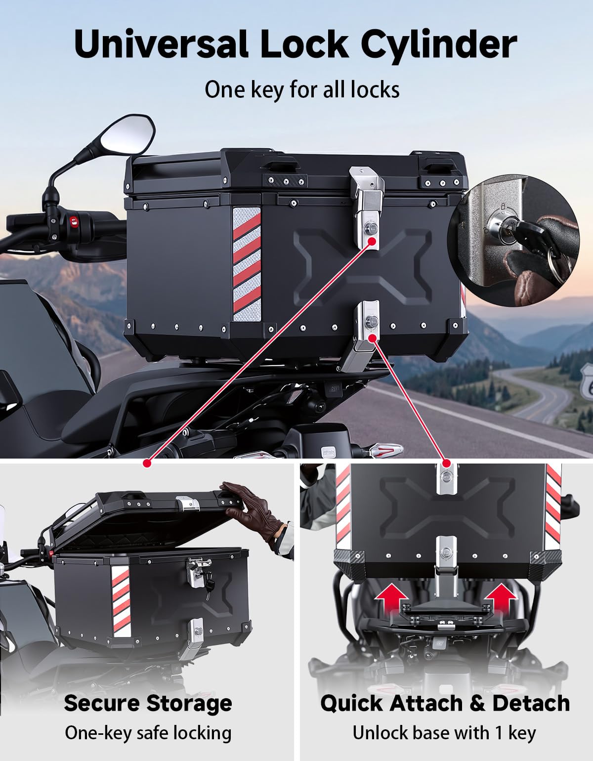 KEMIMOTO Motorcycle Top Case 56L, Universal Aluminum Alloy Motorbike Tail Box with Leather Lining, Waterproof Detachable Motorcycle Top Box with Lock & Back Cushion