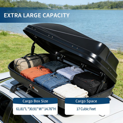 Rooftop Cargo Box Carrier, 17 Cu ft Hard Shell Rooftop Cargo Carrier - Dual-Side Opening, Universal Car/SUV Fit, Waterproof ABS Material, 165Lbs Capacity w/Secure Straps & Keys