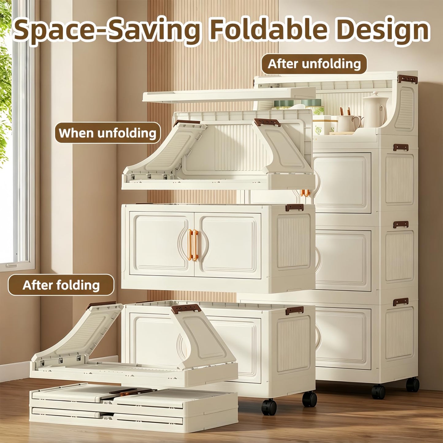 260QT Stackable Storage Bins with Lids & Rack, 6 Tier Large Capacity Foldable Storage Cabinet, Clear Collapsible Pantry Organizer for Home, Kitchen, Bathroom, Dorm, Office, White