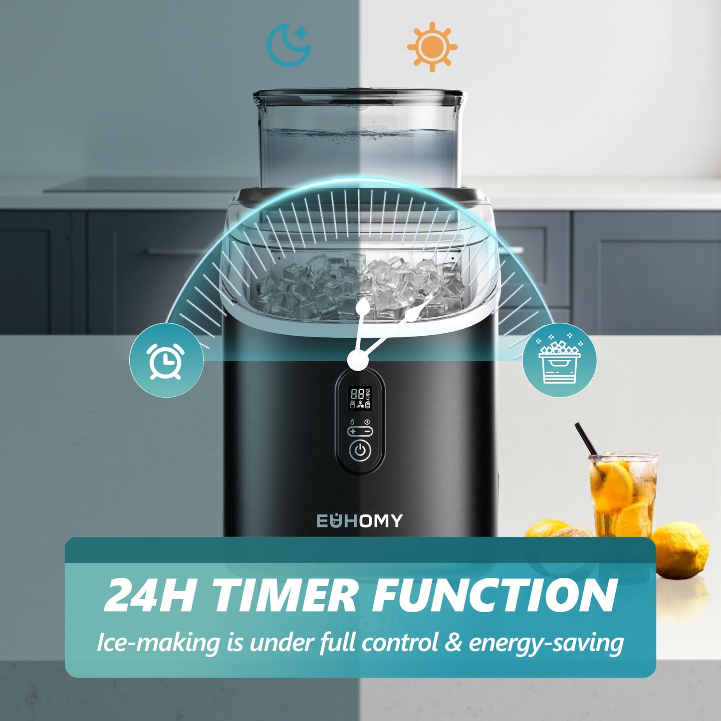 EUHOMY Ice Cube Maker Machine Countertop with External Water Tank, 2 Ways to Add Water, 34Lbs/Day, 16Pcs Ready in 7 Mins, Auto-Cleaning, with Ice Scoop & Basket, for Home/Kitchen/Office/Bar (Black)