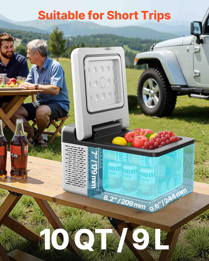 VEVOR 12V Car Refrigerator 10 QT, Portable Mini Freezer with APP Control, -4℉ to 68℉, 12/24V DC & 110-220V AC Compressor Cooler for Travel, Camping, Home, Road Trip