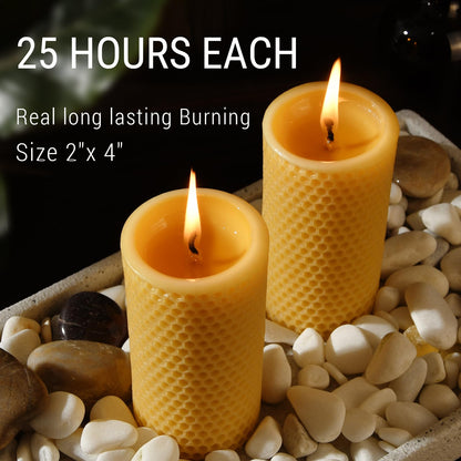 Honeycomb Natural Beeswax Pillar Candles - Pack of 2-100% Pure Beeswax Candles No Scent- for Emergency/Prayer/Relax (2inch Diameter, 4 inch Tall - Yellow)