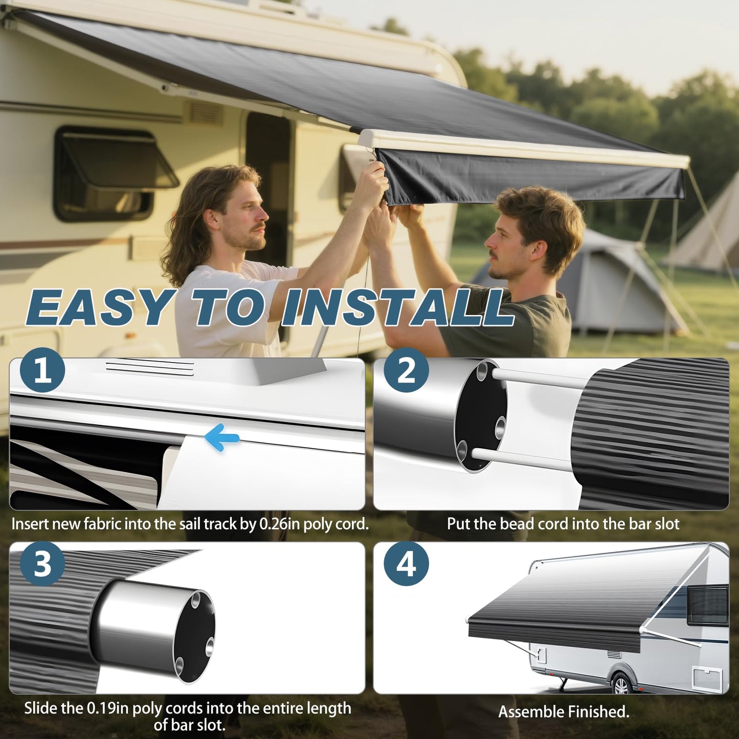 GEARMEISTER 16FT RV Awning Fabric Replacement, Heavy Duty 4-PLY Vinyl Fabric Camper Awning, Universal Outdoor Canopy for Camper, Trailer, Motorhome Awnings for All Awning Brands - Black Fade 15'2"