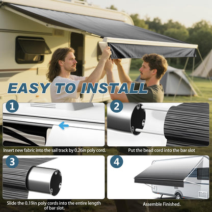 GEARMEISTER 16FT RV Awning Fabric Replacement, Heavy Duty 4-PLY Vinyl Fabric Camper Awning, Universal Outdoor Canopy for Camper, Trailer, Motorhome Awnings for All Awning Brands - Black Fade 15'2"