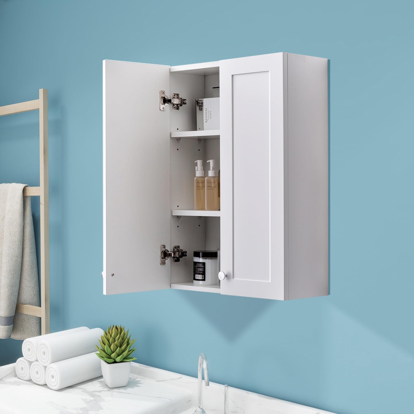 VANIRROR White Wall Mount Cabinet, MDF Over the Toilet Storage Cabinet with Adjustable Shelves, Space Saver 2 Door Medicine Cabinet for Bathroom Laundry Kitchen, 19x 27in, No Paint Odor