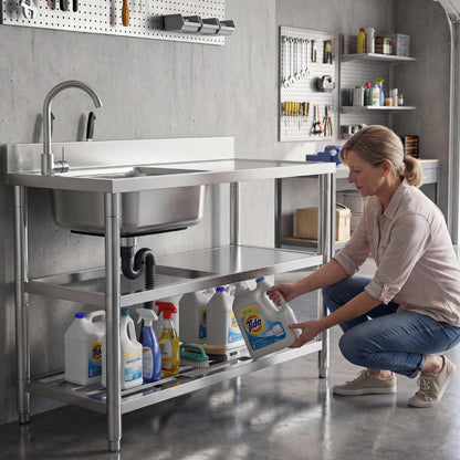 Free Standing Stainless-Steel Single Bowl Commercial Restaurant Kitchen Sink Set w/Faucet & Drainboard, Prep & Utility Washing Hand Basin w/Workbench & Double Storage Shelves Indoor Outdoor (47in)