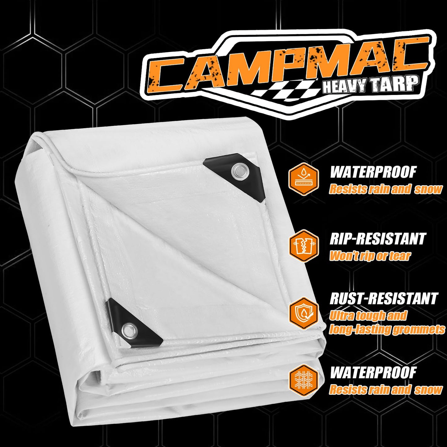 CAMPMAC White Heavy Dut Waterproof Tarp 30' x 40', 10 Mil Thick, High Durability, Rip and Tear Resistant with Metal Grommets Every 20 Inches
