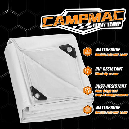CAMPMAC White Heavy Dut Waterproof Tarp 30' x 40', 10 Mil Thick, High Durability, Rip and Tear Resistant with Metal Grommets Every 20 Inches