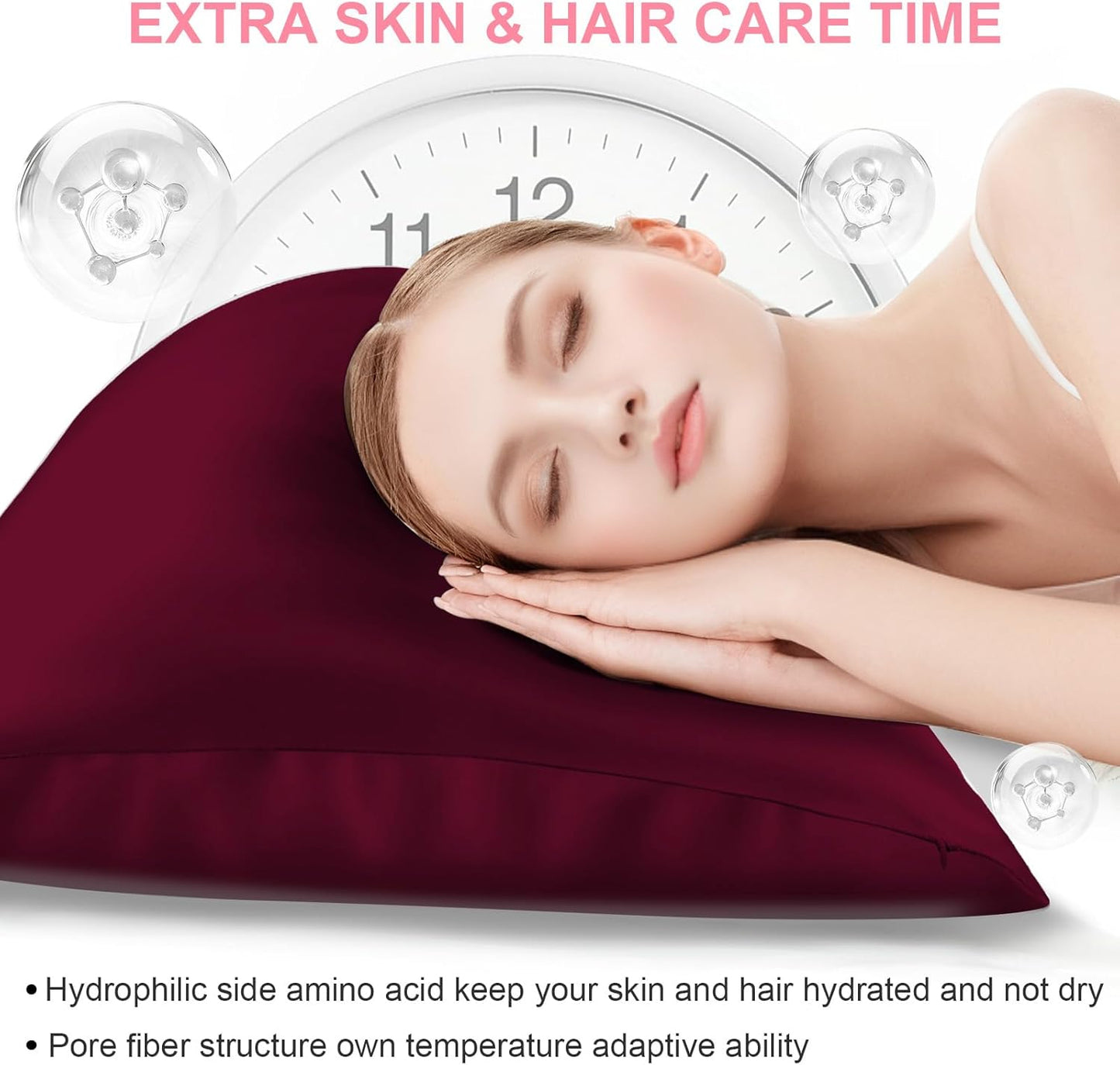 Skiennix Mulberry Silk Pillowcases - King Size Set of 2 | Hidden Zipper, Soft & Breathable, Burgundy Red