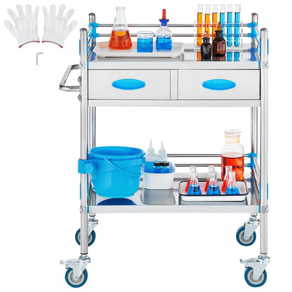 VEVOR Stainless Steel Utility Cart, 2 Layers with Two Lockable Wheels, Ideal for Laboratory, Hospital, Dental Use