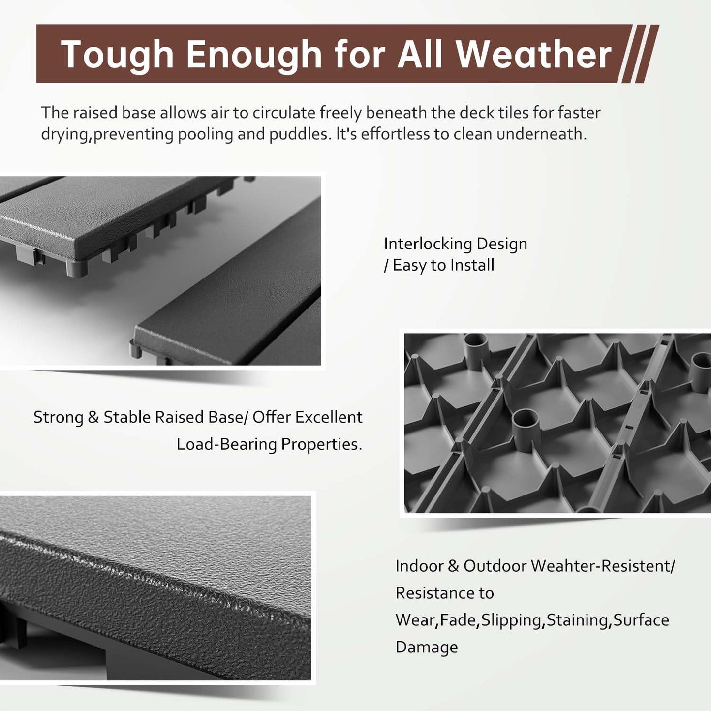 EchoDeck Interlocking Deck Tiles,44 Pack Patio Tiles Outdoor Interlocking All Weather,Patio Deck Tiles,12"x12",Woodgrain,Sturdy Base,Highly Durable,Stylish,Non-Slip,Faster-Drying,Efficient,Dark Grey