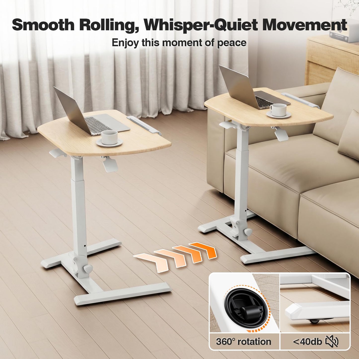 ROMOON Foldable Small Standing Desk with No-Assembly Design, Rolling Height-Adjustable Sit-Stand Table with Wheels, Space-Saving Portable Laptop Cart for Home Office and Small Space (Natural Oak)