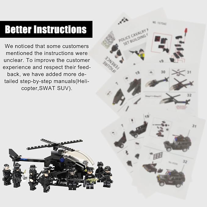 SWAT Set with 12 SWAT Officers 2 Mounted Police with Horse – 1 Helicopter 1 Armored SWAT SUV Vehicleand 2 MotorcycleSafe &amp Durable ABS – Great Gift for Kids Boys and Collectors