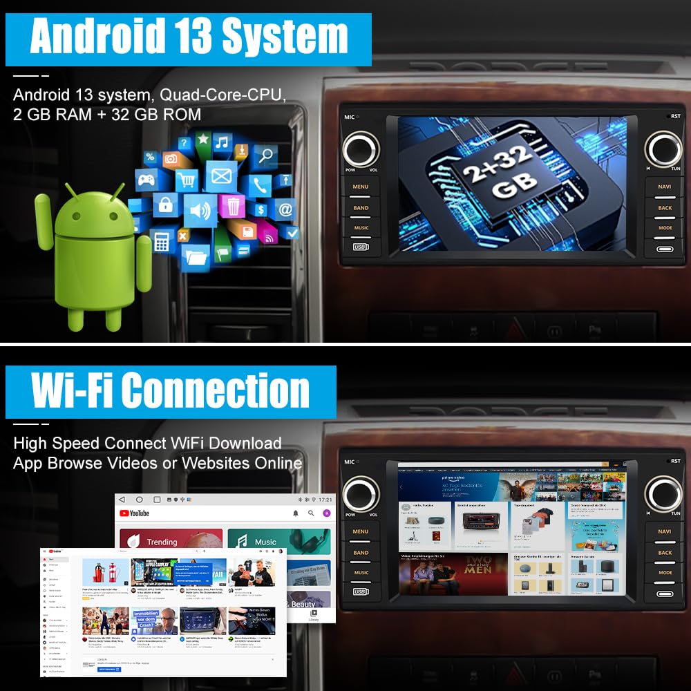 AWESAFE Android Car Radio for Jeep Wrangler JK 2007-2018, Dodge Ram 1500 2500 3500, Jeep Compass Patriot 2009-2016, Touch Screen Jeep Jk Radio with Carplay Android Auto AM FM