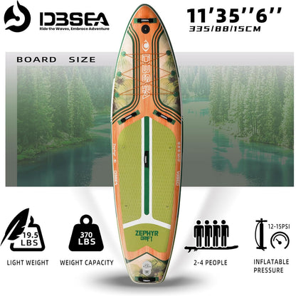 D3SEA 11'35" Extra Wide Inflatable Paddle Board with Non-Slip EVA Deck & Accessories Kit, Stable All Around SUP for All Skill Levels – for Yoga, Fishing, Youth & Adults, 370 lbs - Jungle Timber