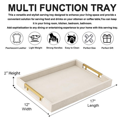 White Leather Large Ottoman Tray for Living Room,Stylish Square Decorative Tray for Coffee Table,Versatile Serving Trays with Handles for Party