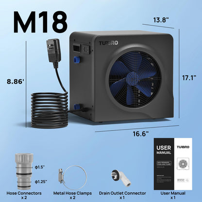 TURBRO 18,000 BTU Swimming Pool Heat Pump, Electric Pool Heater for Above-Ground Pools and Spas up to 6,000 Gallons, Titanium Heat Exchanger, 5.5 COP, IPX4-Waterproof, 110-120V, Manatee M18