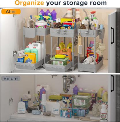 Sevenblue Under Sink Organizers - 2-Tier Kitchen & Bathroom Storage with Sliding Drawers | Gray, 14.8 Inch