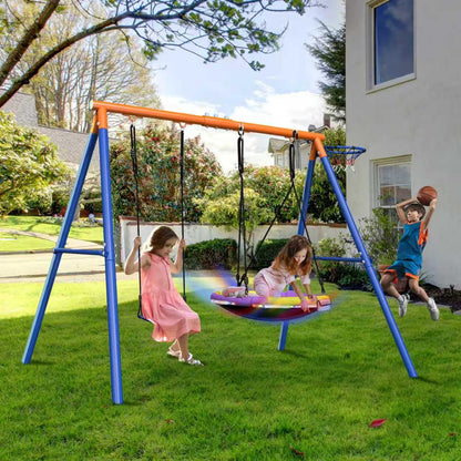 4-in-1 Swing Sets with Stand for Backyard, 440lbs Outdoor Saucer Swing Set for Kids, Heavy-Duty A-Frame Metal Playset for Playground, 32 inch Saucer, Belt Swing, Basketball Hoop, Led Light & Anchors