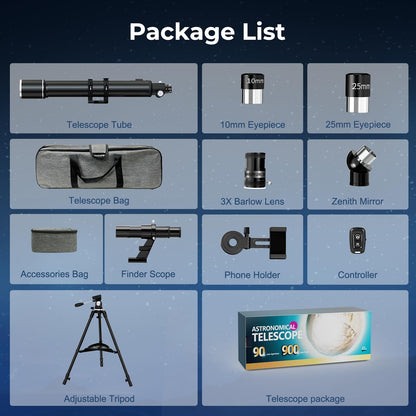 FAMIROSA Telescope for Adults High Powered, 90mm Aperture (36X-270X) 900mm Focal Length Refractor Astronomy Telescopes for Planets and Stars, Professional Telescopio with Bag, Phone Adapter, Tripod