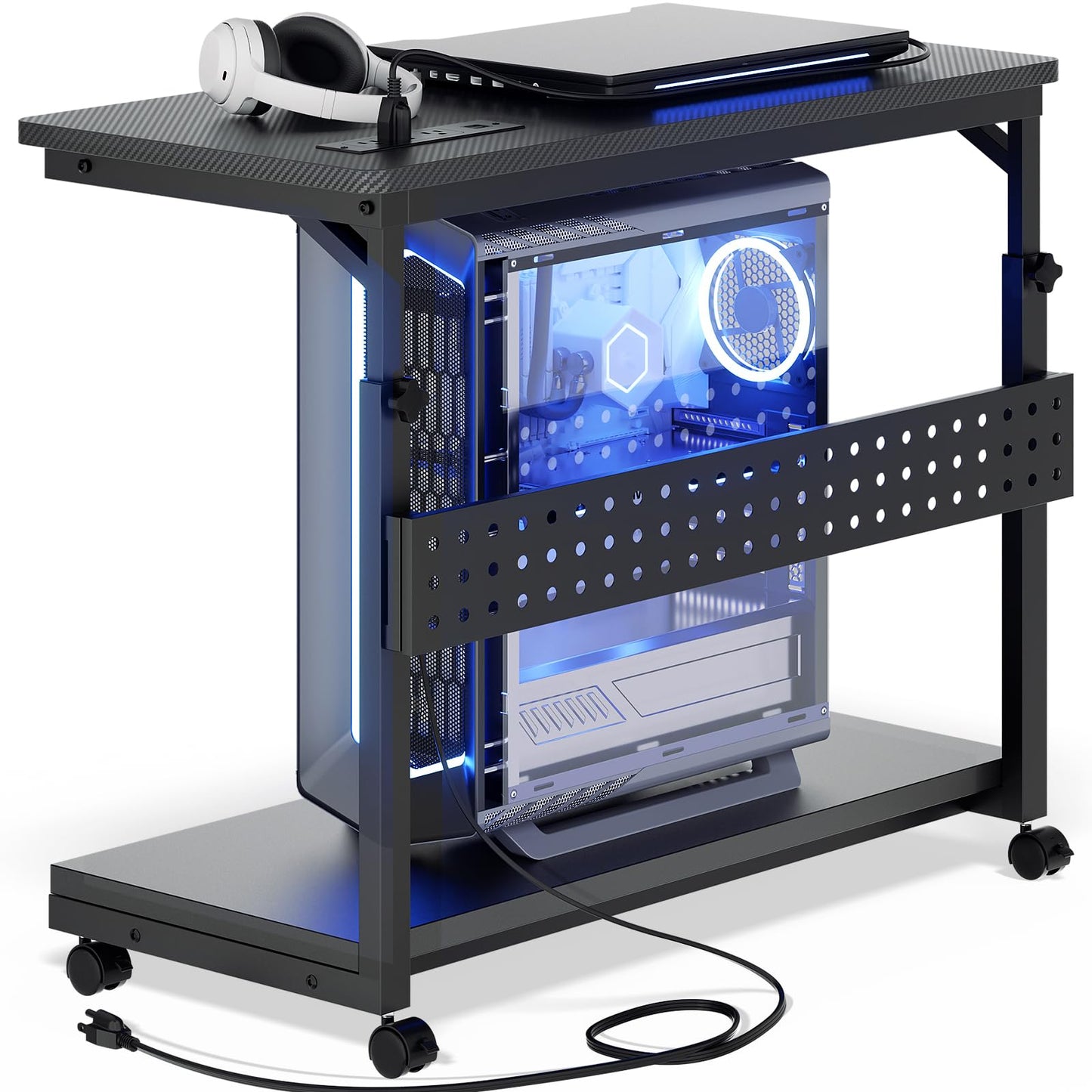Besiost 32" Large Computer Tower Stand with Power Strips, 4 Levels Manual Height Adjustable PC Tower Stand for Under Desk, Mobile Rolling CPU Holder Computer Cart with Wheels, Carbon Fiber Black