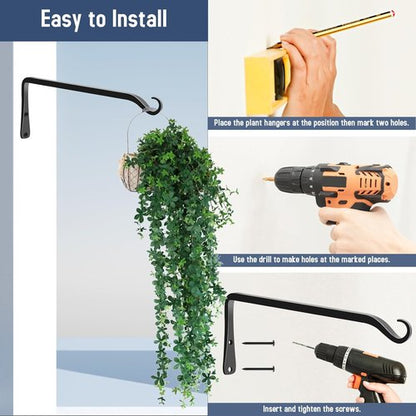 Feed Garden 12-Inch Hanging Plant Bracket - Decorative Wall Hooks for Outdoor Planters & Bird Feeders | Black (2-Pack)