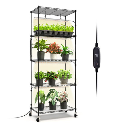 Bstrip Plant Stand with Grow Light, 5-Tier Plant Shelf with 4 Pack T8 Full Spectrum Grow Light for Indoor Plant Seed Starting, Winter to Spring Transition, Seed Tray, Timer & Wheels, 23.5"x13.8"x 59"