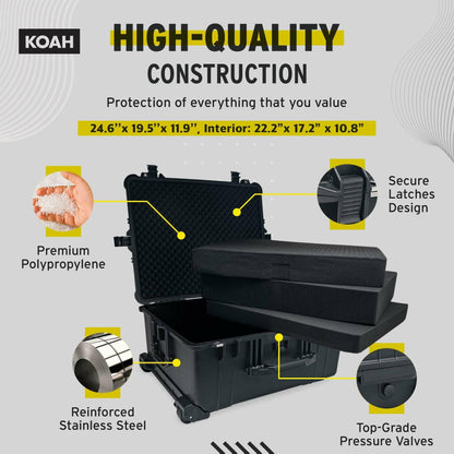 Koah Weatherproof Wheeled Plastic Hard Case with Customizable Foam, Retractable Handle, and Trolley Wheels (25.0" x 20.0" x 12") For Cameras, Drones, And Gear