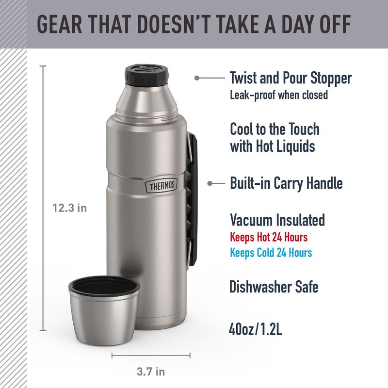THERMOS Stainless King Vacuum-Insulated Beverage Bottle, 40 Ounce, Matte Stainless Steel