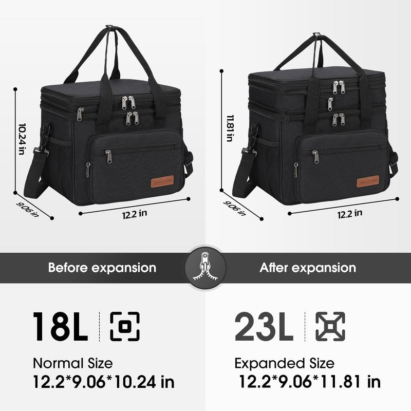Maelstrom Lunch Box, 23L Insulated Lunch Bag, Expandable Double Deck Cooler Bag, Lightweight Leakproof Tote Bag With Side Tissue Pocket, Suit For Men and Women (A. Black)