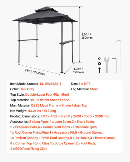 VEVOR Grill Gazebo, 8 x 5 ft Outdoor BBQ Gazebo with Double-Tiered Roof, Powder-Coated Steel Patio Grill Shelter with 2 Side Shelves & 8 Hooks, Grilling Canopy for Patio Backyard Garden Picnic