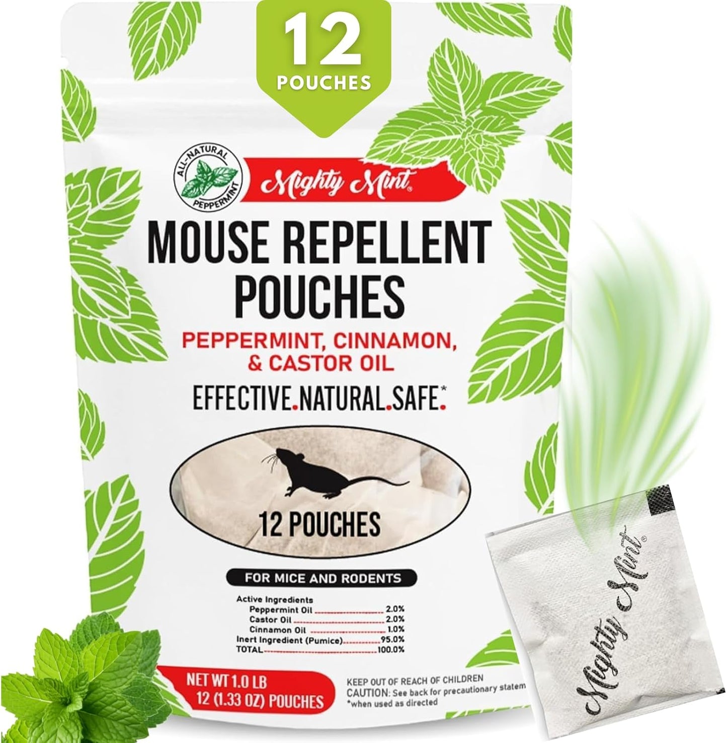 Mighty Mint Mouse Repellent Pouches - Natural Peppermint & Cinnamon Formula - 12 Count Plant-Based Indoor Deterrent