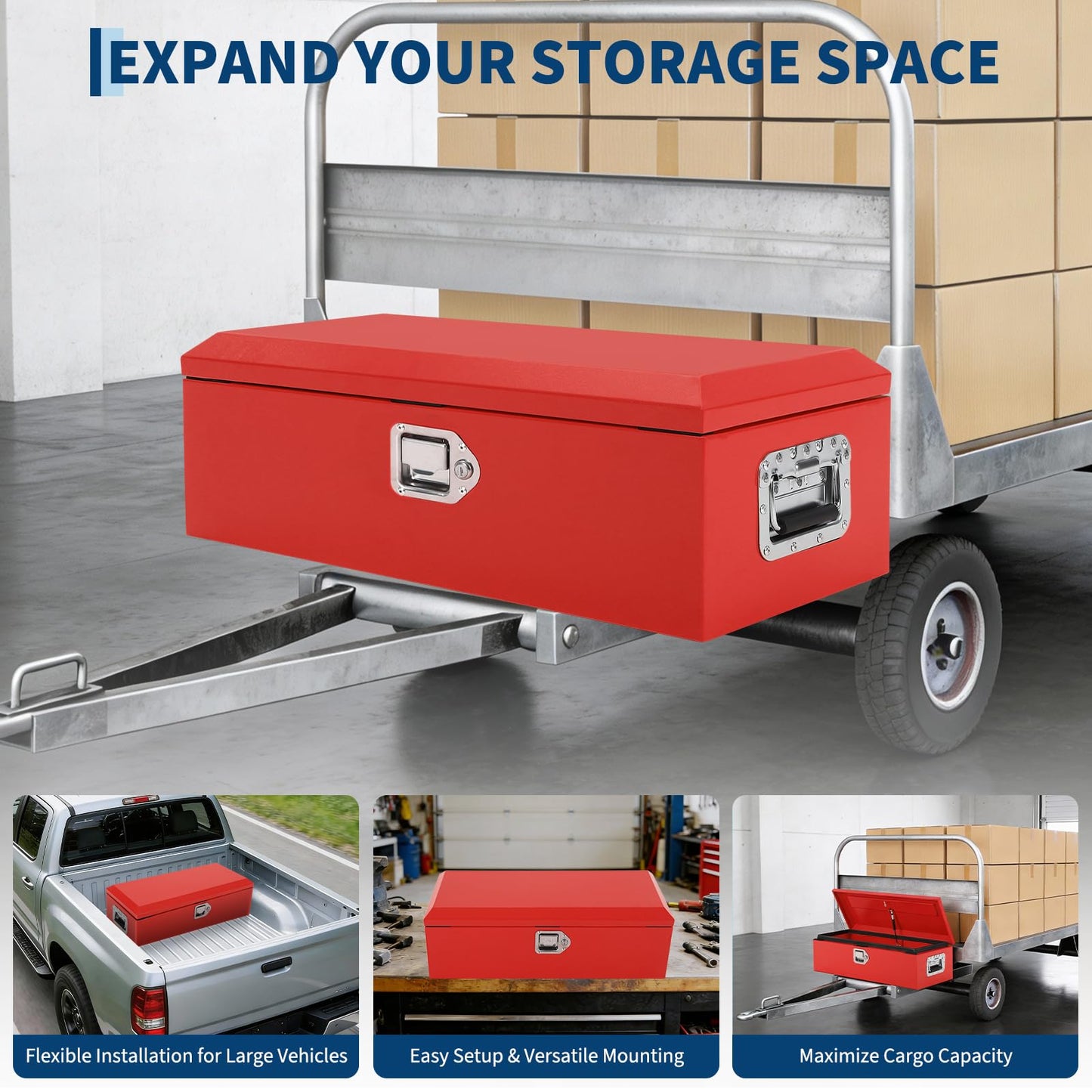 GOCAPTAIN Heavy Duty Steel Metal Tool Box 48" for Truck Bed, Locking Plate Crossbed Storage Chest with Gas-Strut Assisted Lid, Weather-Resistant Truck Bed Tool Box for Pickup, Trailer, RV