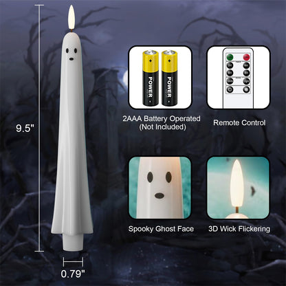 Halloween Ghost Flameless Taper Candles Battery Operated with Remote and Timer Real Wax 3D Wick Flickering White LED Taper Candlesticks Spooky Halloween Indoor Decor(2 Pack, 0.79"D x 9.5"H)