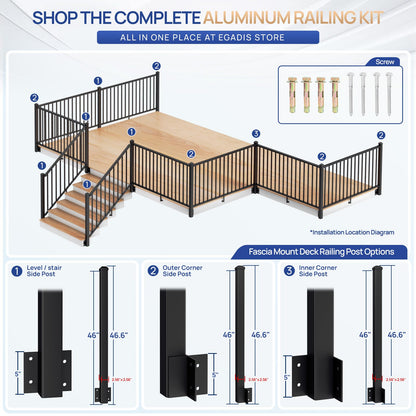 Egadis 2 Pack 36in H x 6ft W Side Mount Aluminum Deck Railing Kit, Black Textured Powder-Coat Finish Fascia Mount Modular Rail System for Outdoor Decks, Porches & Balconies (2 Post, 2 Panel)