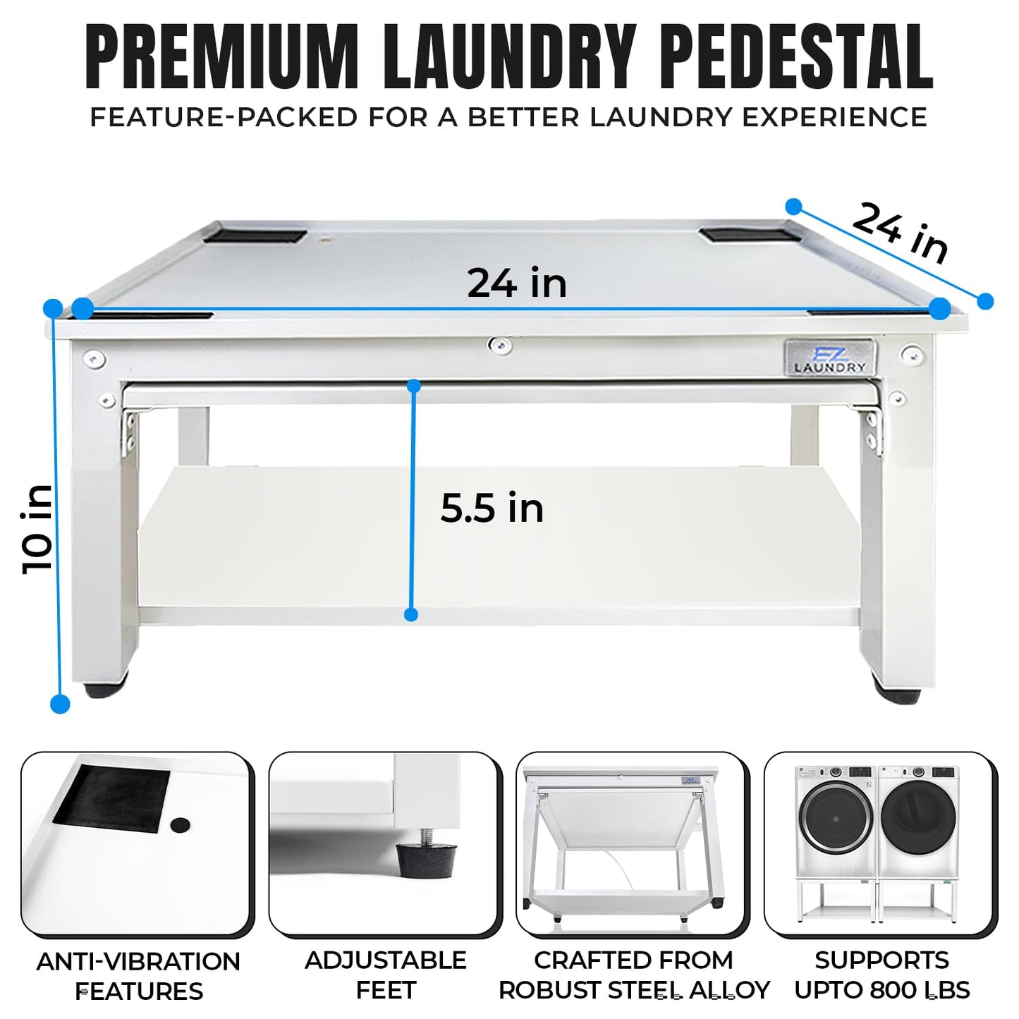 Washer and Dryer Pedestal with Pullout-Shelf - 24" W, 10" H, White Steel Universal Fit with Major Brands | Laundry Pedestal with Drain Pan & Hose | Washer Stand for Back Pain Relief, 800 lbs Capacity