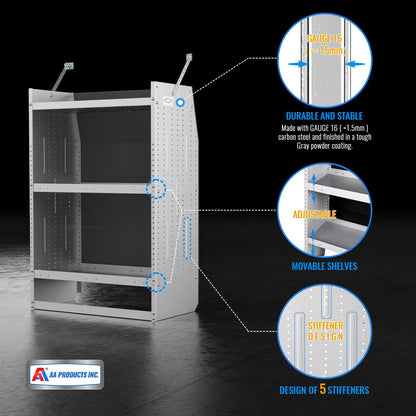 AA Products Model SH-4603-T3 Steel Low/Mid/High Roof Van Shelving Storage System Fits Transit, GM, NV, Promaster and Sprinter, Contoured Shelving Unit, 32" W x 46" H x 16" D