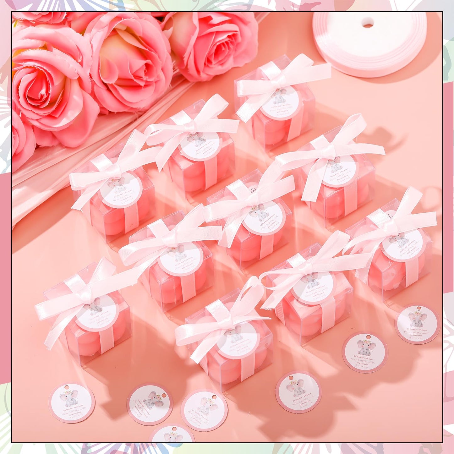 MTLEE 24 Sets Elephant Baby Shower Candle Favors Small Bubble Candle Baby Shower Favors for Guests Tea Candles Bulk with Stylish Ribbons Cards Gifts Party Decoration(Pink,Elephant)