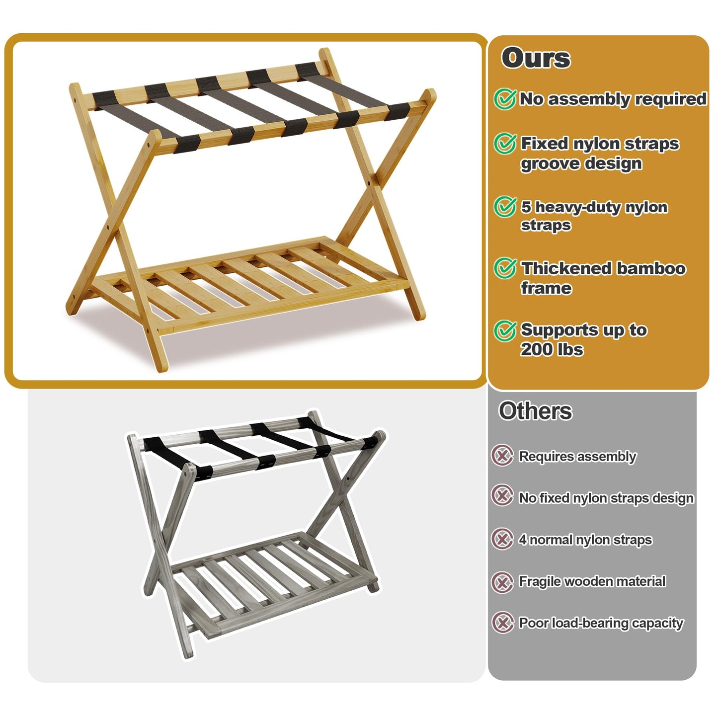 BAMBOOHOMIE Full Assembled Luggage Rack Set of 2, Bamboo Luggage Holder Rack for Guest Room, 26.77" L Folding Suitcase Stand with 5 Nylon Straps & Storage Shelf for Bedroom Hotel (2 Pack - Natural)