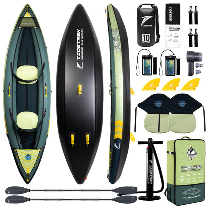 TIDETREK Inflatable Touring Kayak 1-Person & 2-Person with Waterproof Seat & Full Accessory Kit, Lightweight Recreational Kayak for Lake, River & Fishing (Jungle Trail, 2-Person(Tandem))