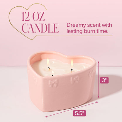 Paris Hilton Cupcake Sprinkles Scented Candle, Pink Heart-Shaped Ceramic Vessel with Embossed Bow Detail, Premium Plant Wax Blend, 3-Wicks, 12-Ounce